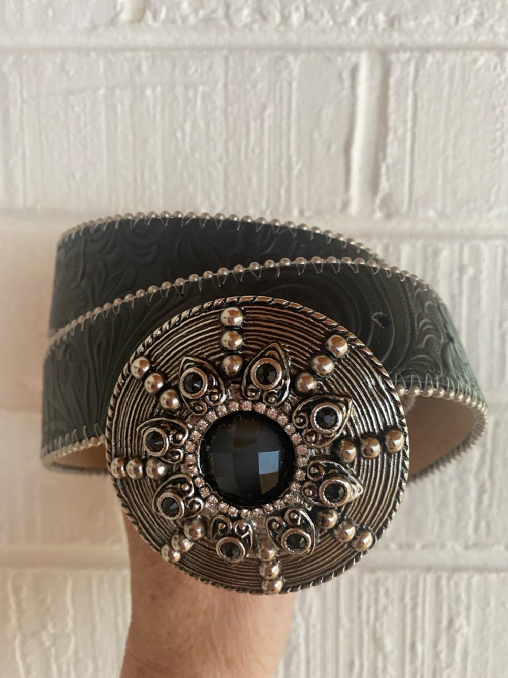 Leatherock Black Embossed Leather Belt w/  Rhinestones/Beads  Buckle Size S 32